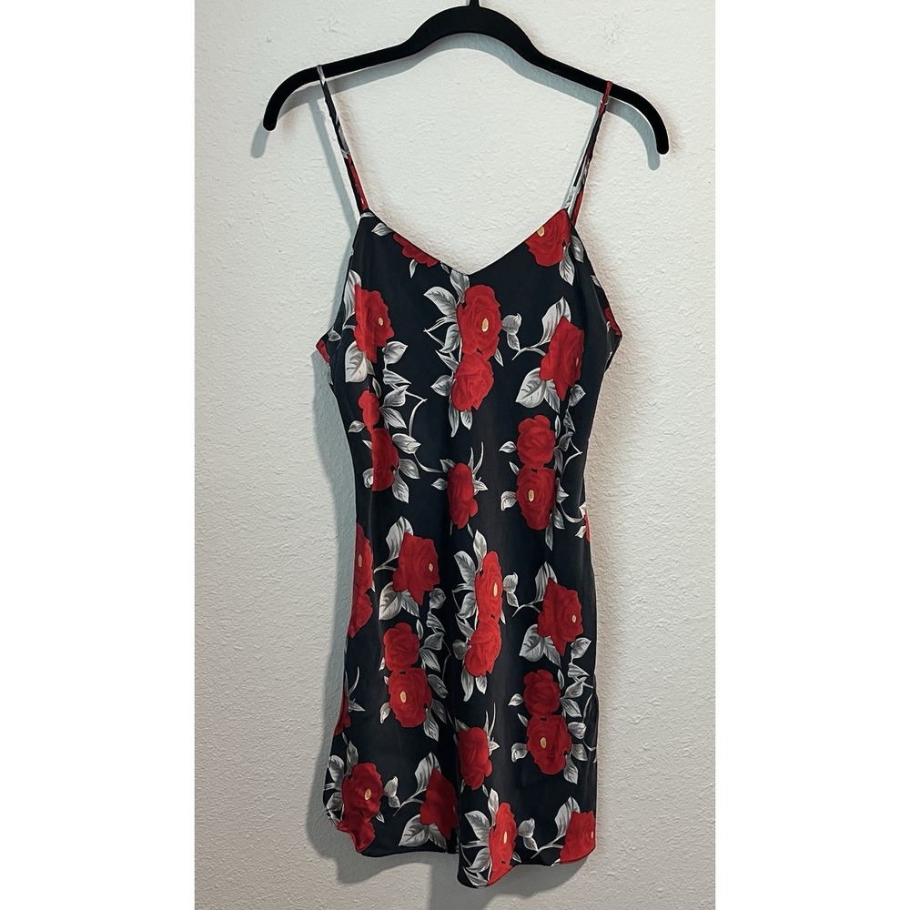 Vintage 90's Slip Dress Chemise Medium 100% Silk Black Floral Satin Babydoll